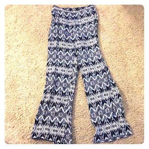 Blue and white tribal print pants size small